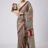 Cream Block Print Motif Saree with Unstitched Blouse