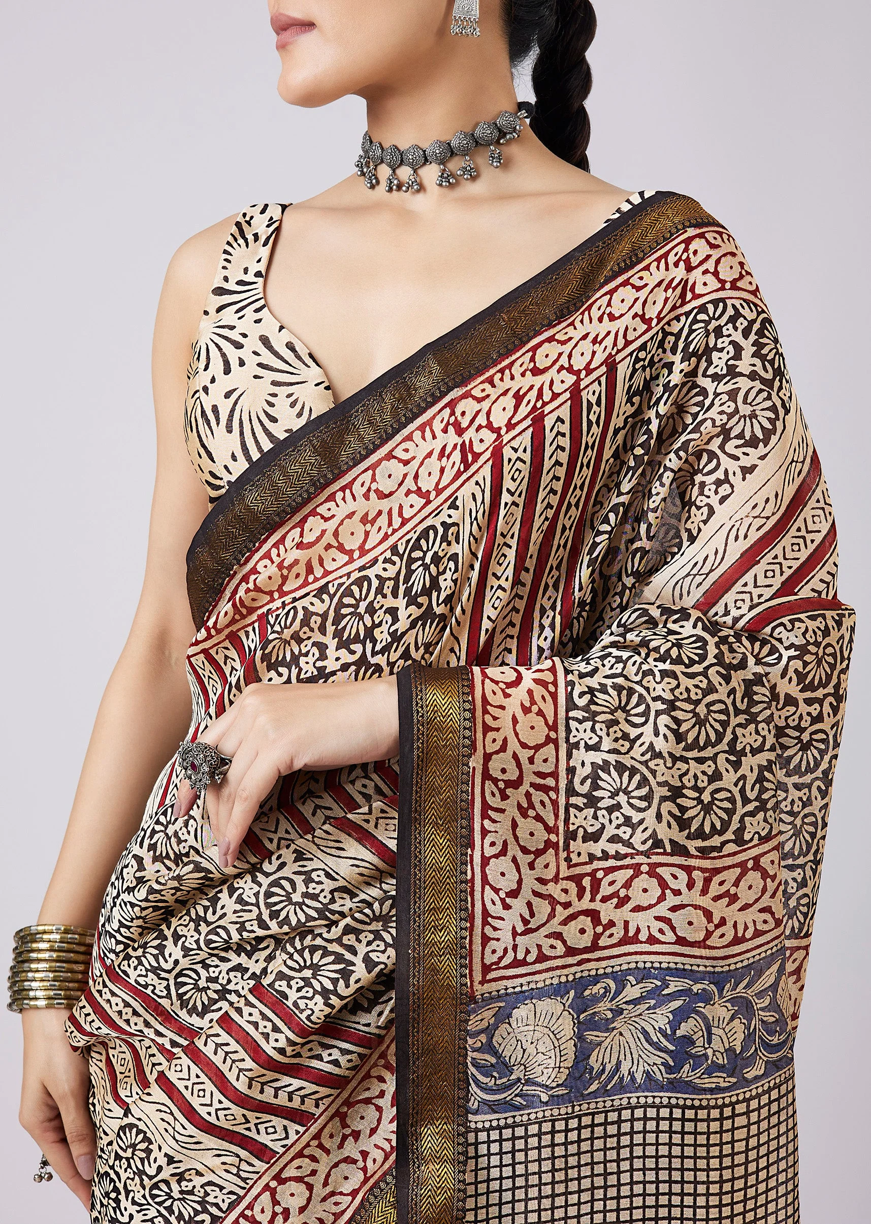 Cream Block Print Motif Saree with Unstitched Blouse