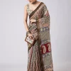 Cream Block Print Motif Saree with Unstitched Blouse