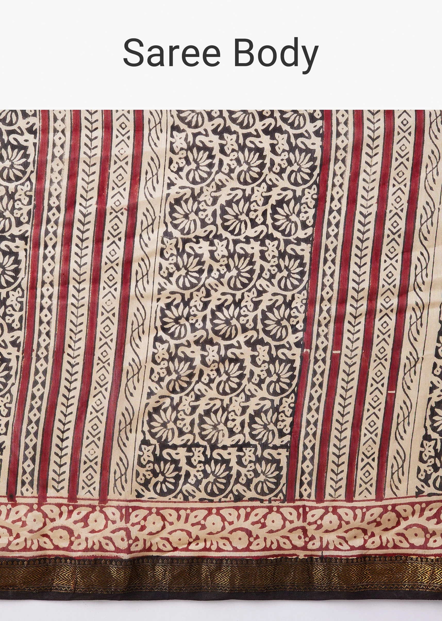 Cream Block Print Motif Saree with Unstitched Blouse