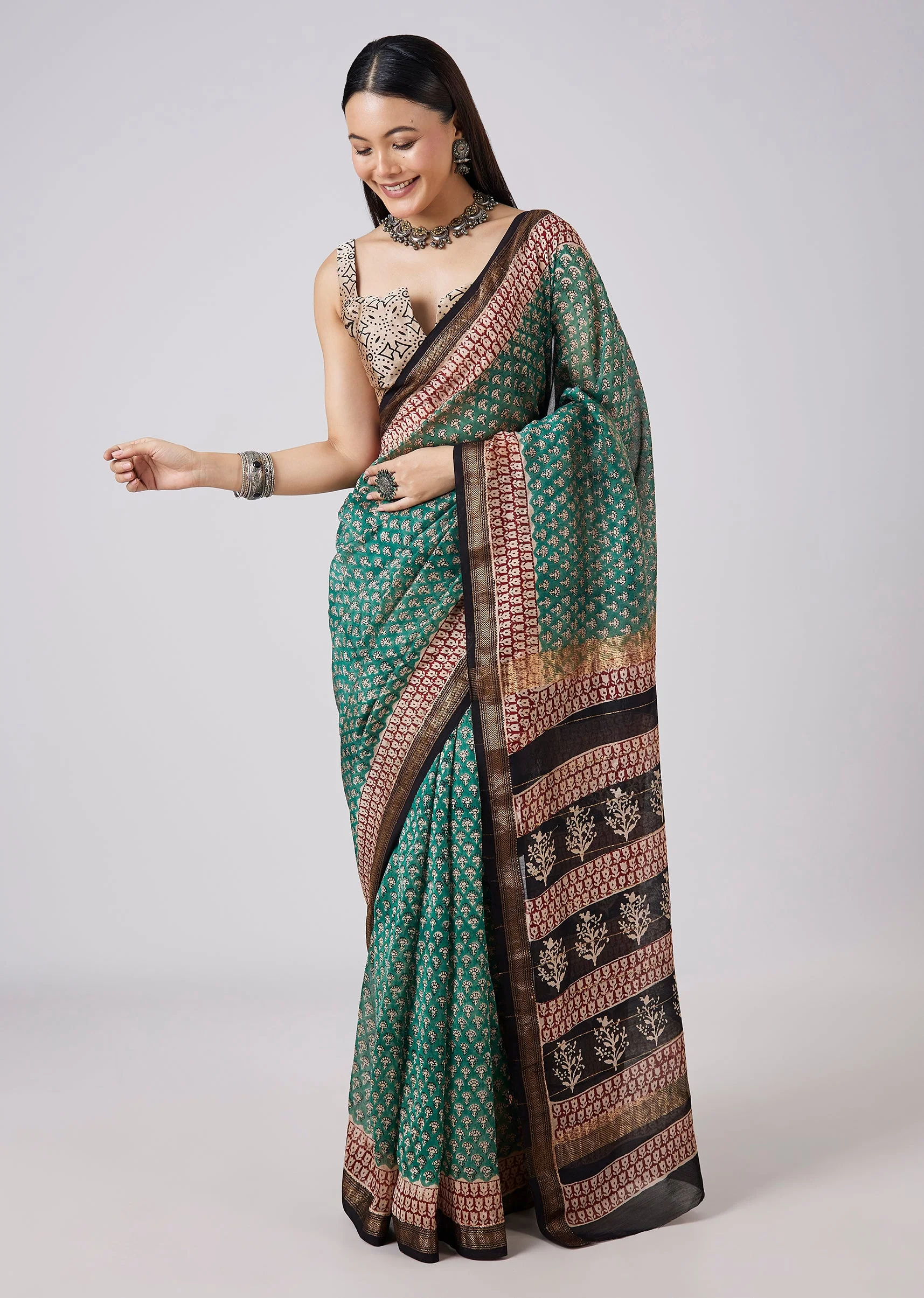 7982-sea-green-hand-painted-saree-with-stitched-blouse-1.webp Sea Green Hand Painted Saree with Stitched Blouse