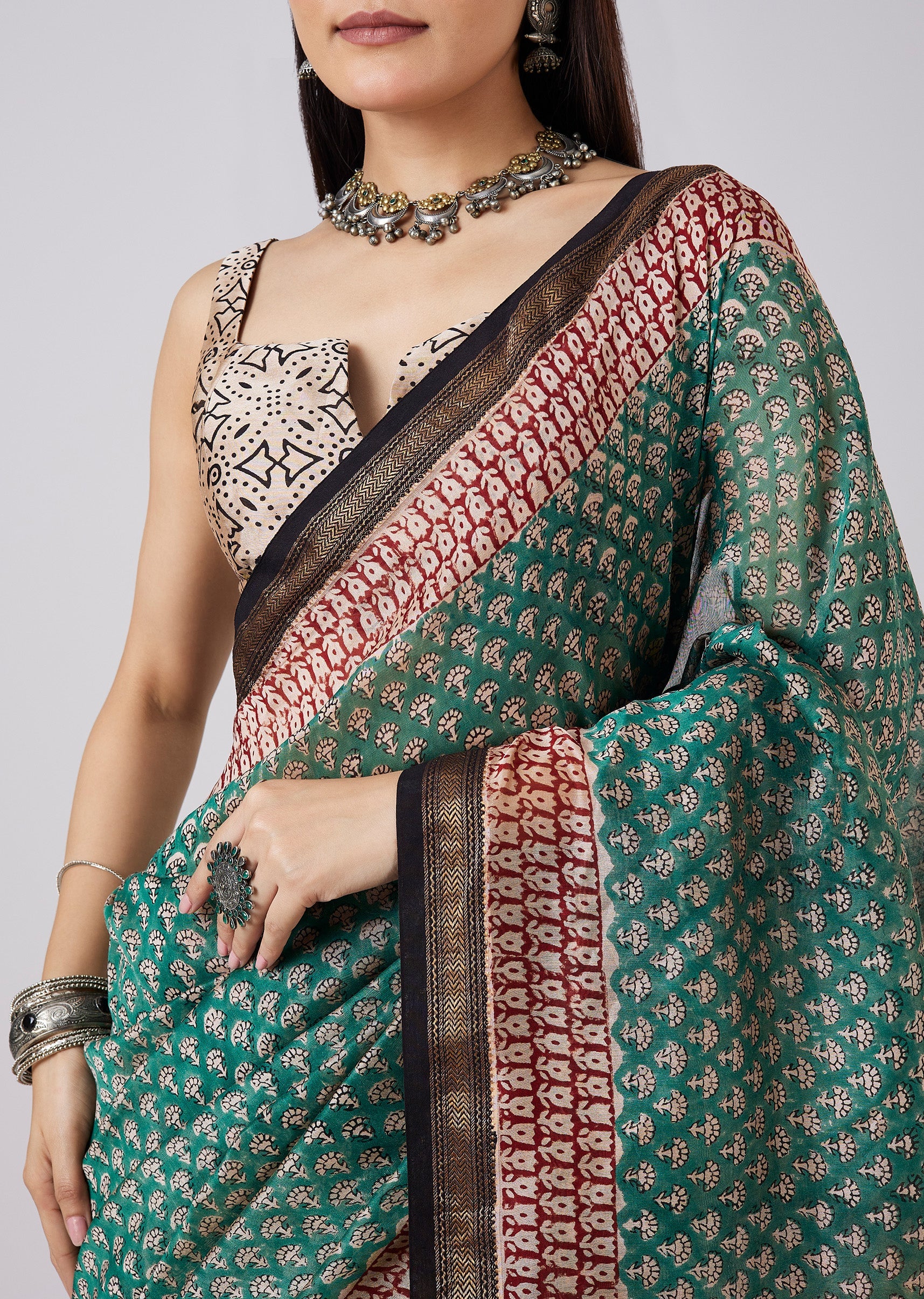 Sea Green Hand Painted Saree with Stitched Blouse
