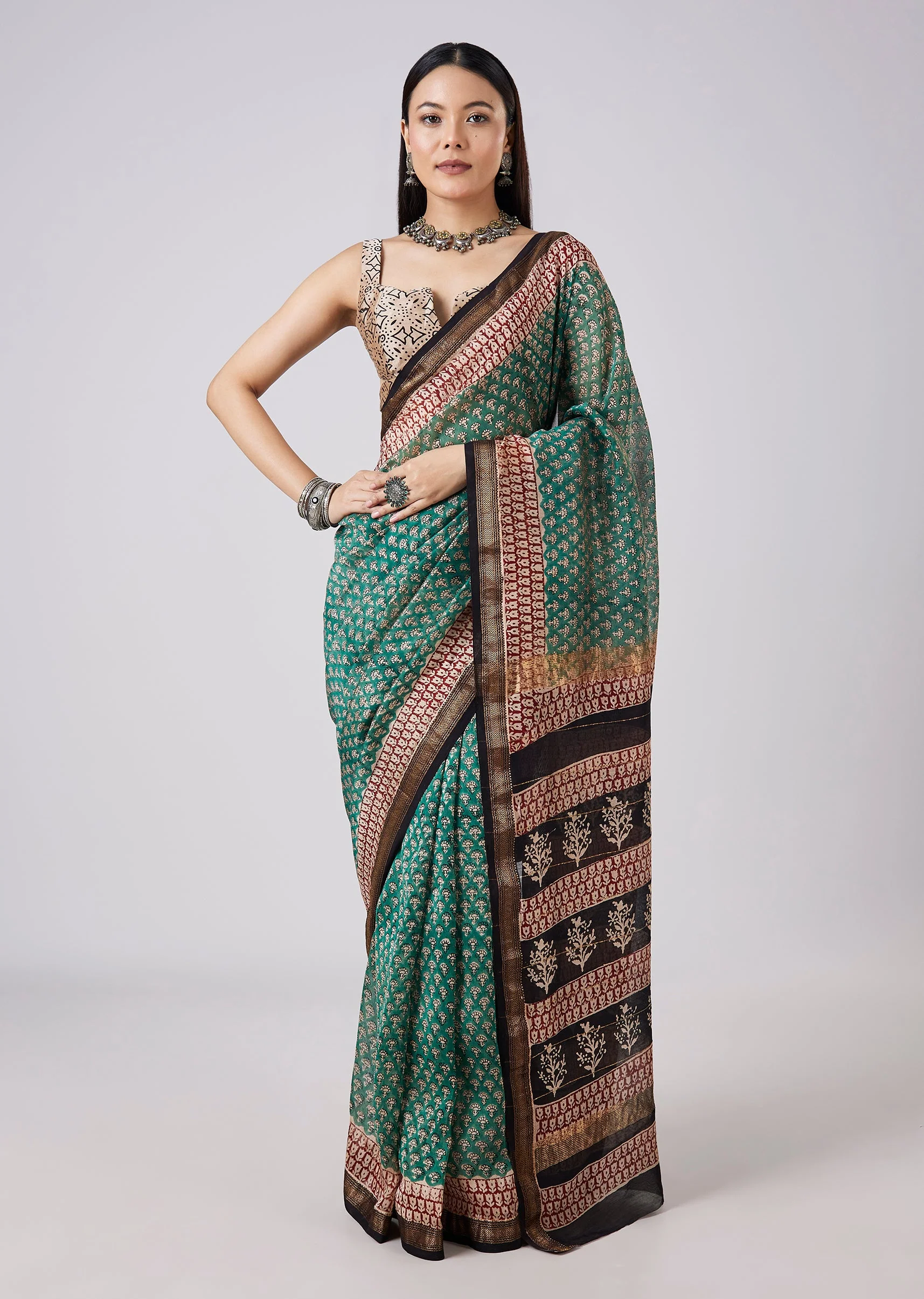 Sea Green Hand Painted Saree with Stitched Blouse