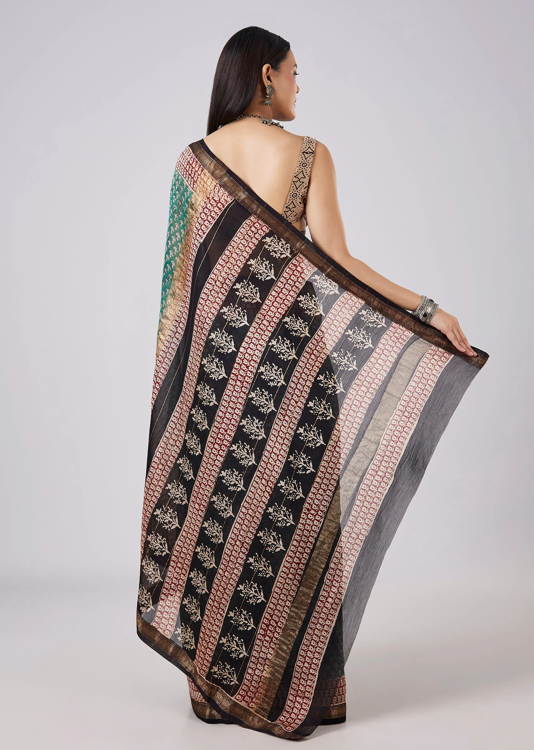 Sea Green Hand Painted Saree with Stitched Blouse