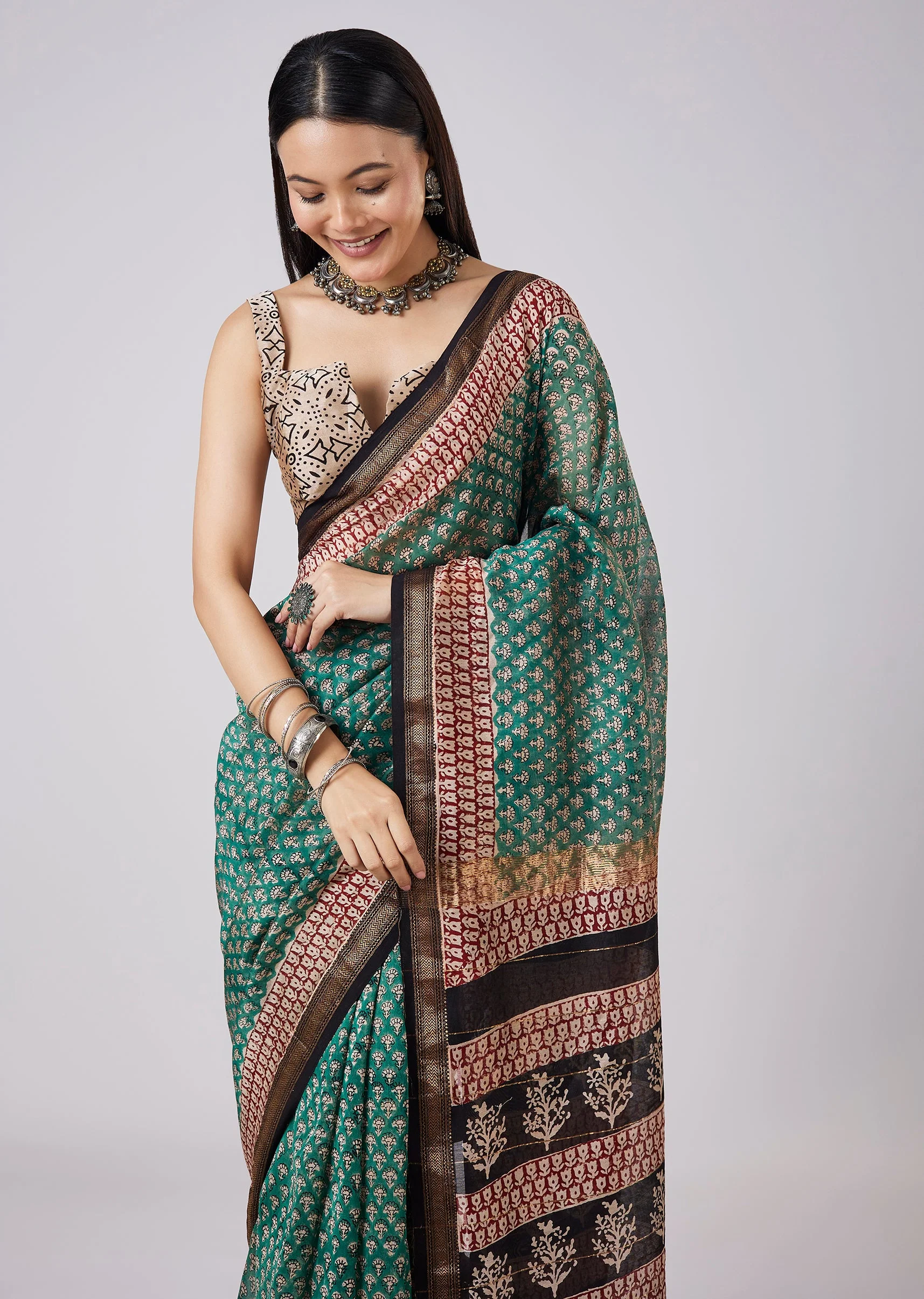 Sea Green Hand Painted Saree with Stitched Blouse