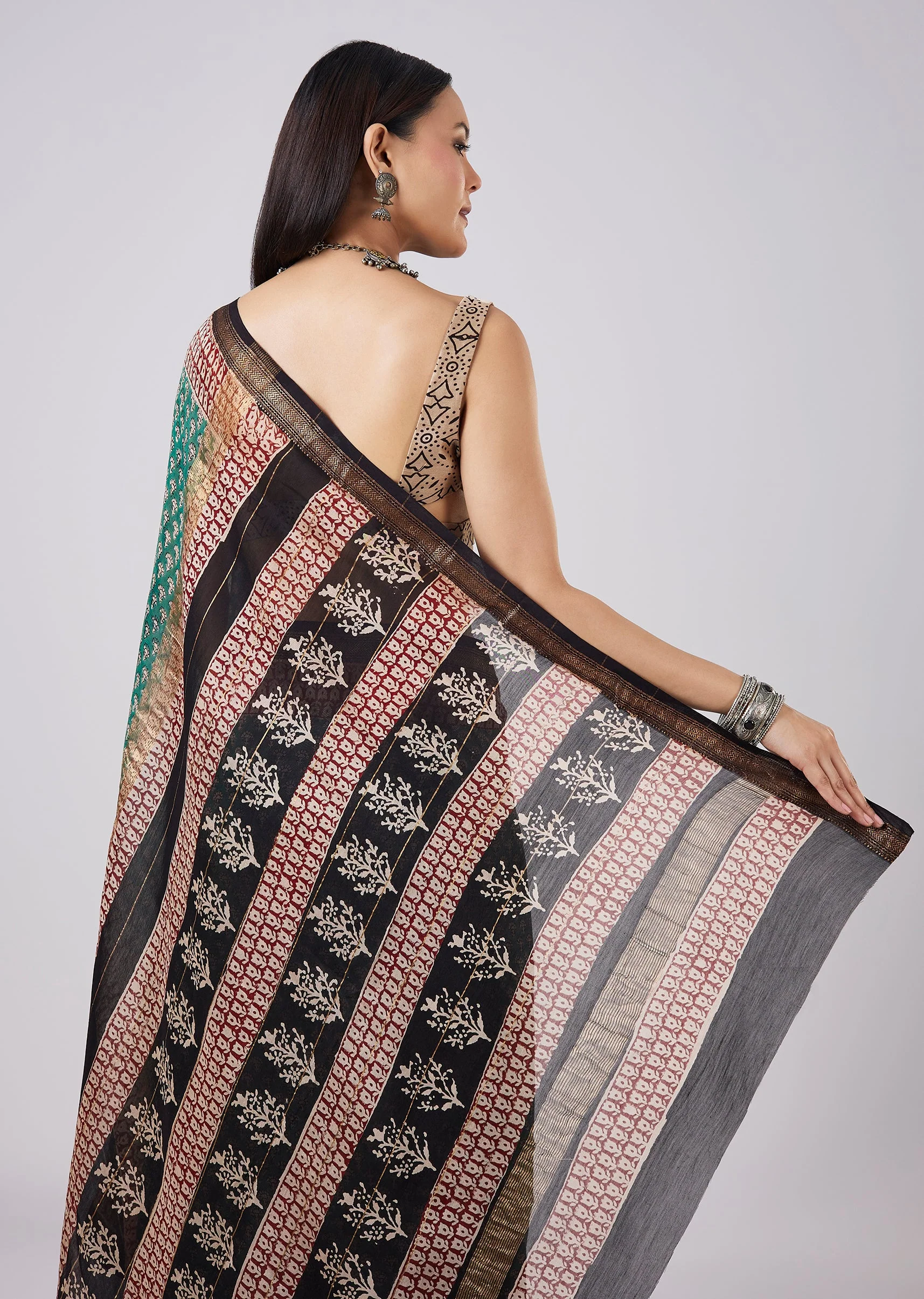 Sea Green Hand Painted Saree with Stitched Blouse