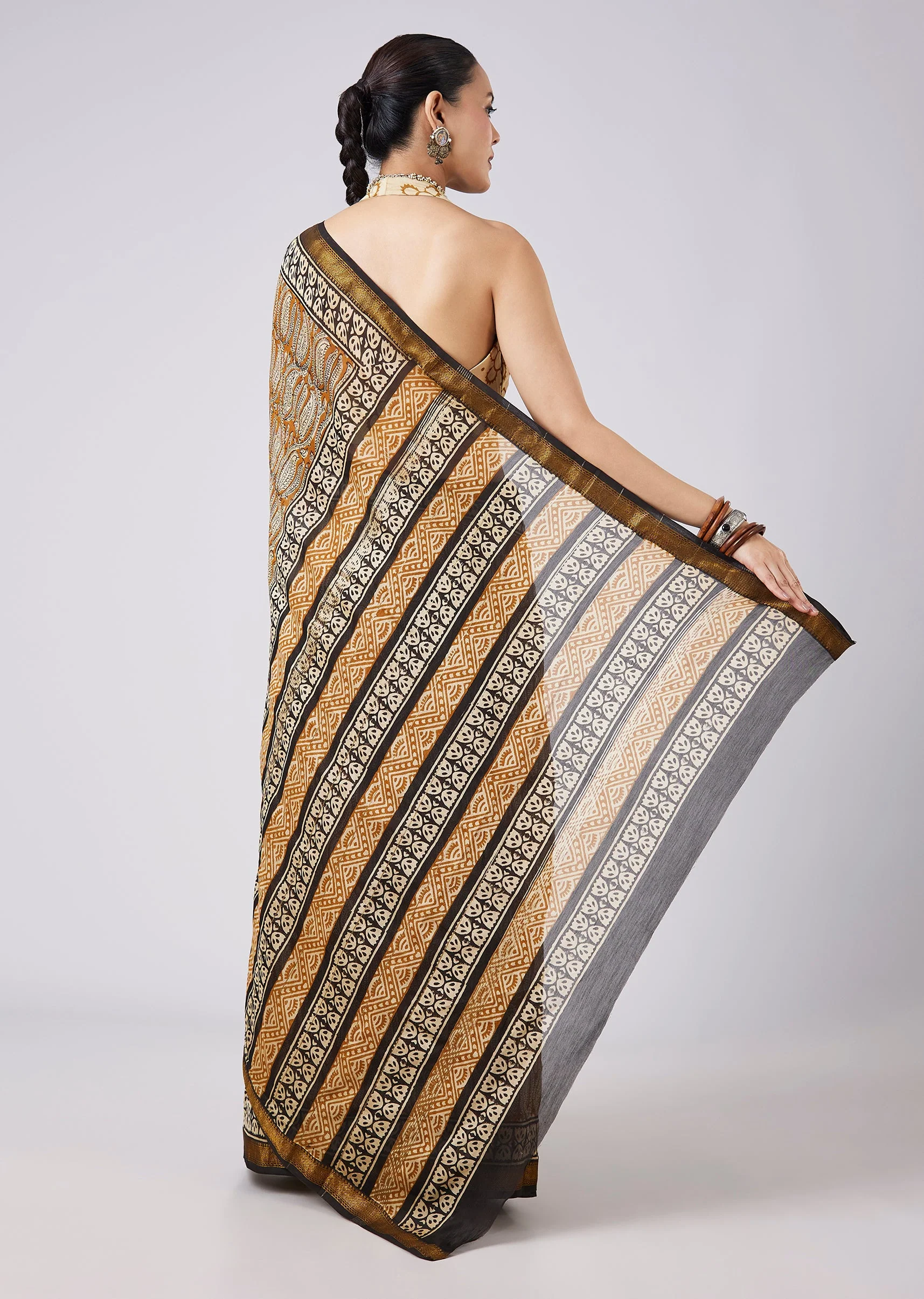 Brown Block Printed Motif Saree with Unstitched Blouse
