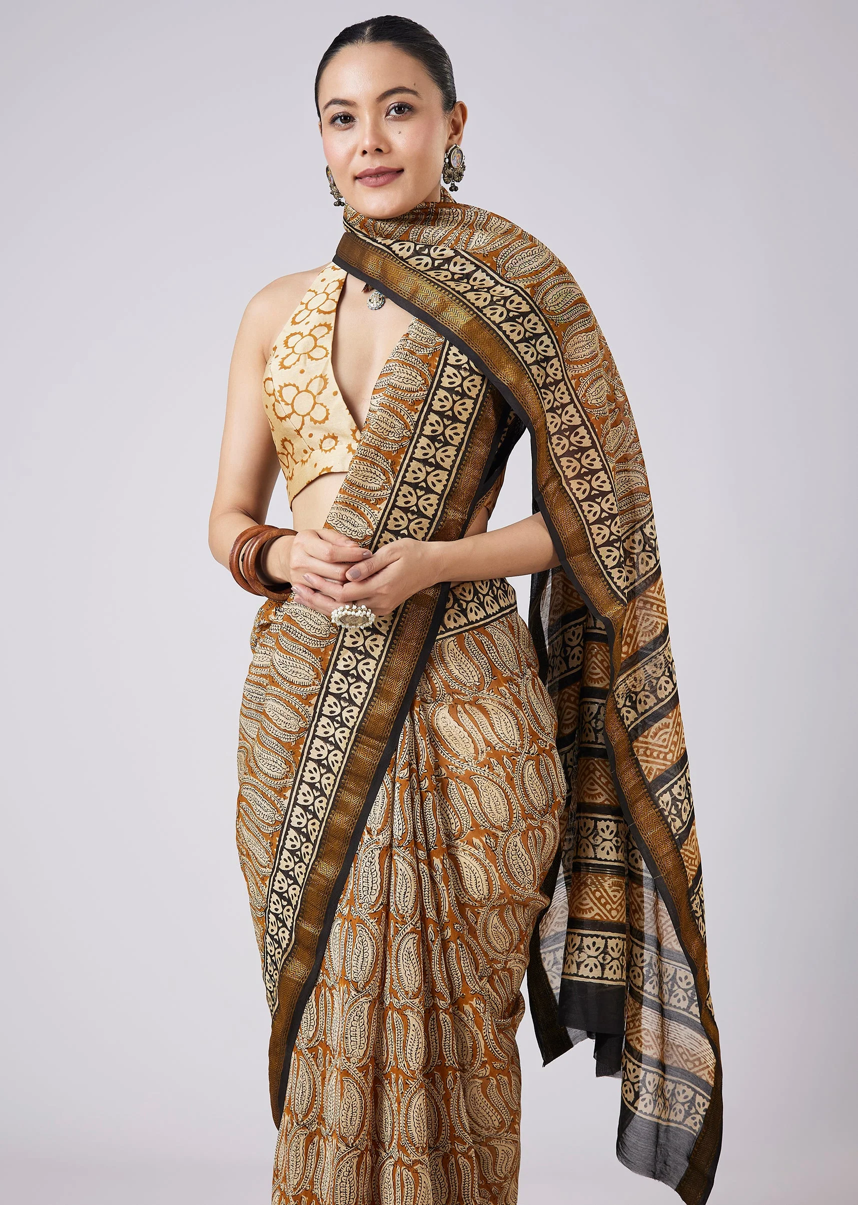 Brown Block Printed Motif Saree with Unstitched Blouse