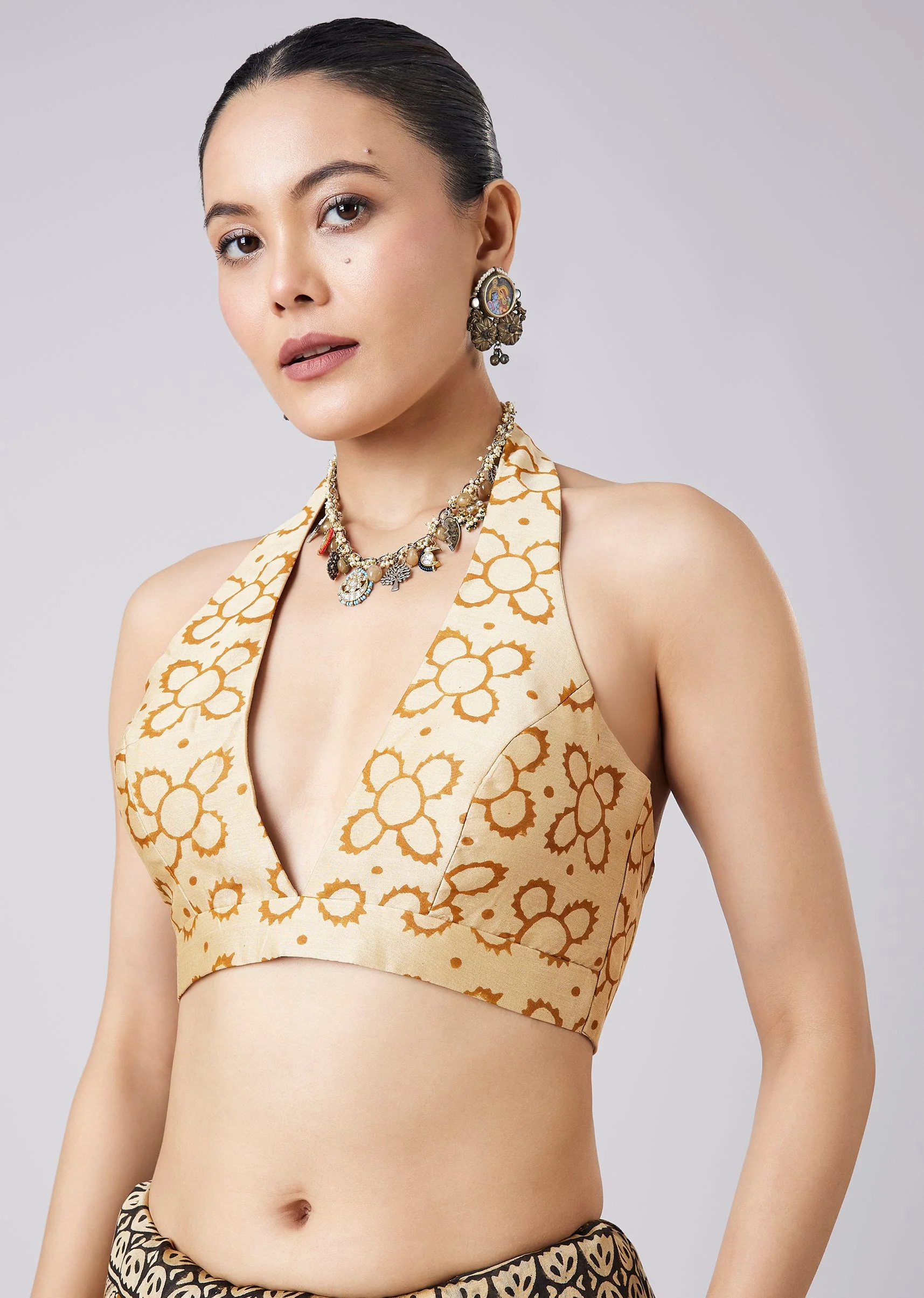 Brown Block Printed Motif Saree with Unstitched Blouse