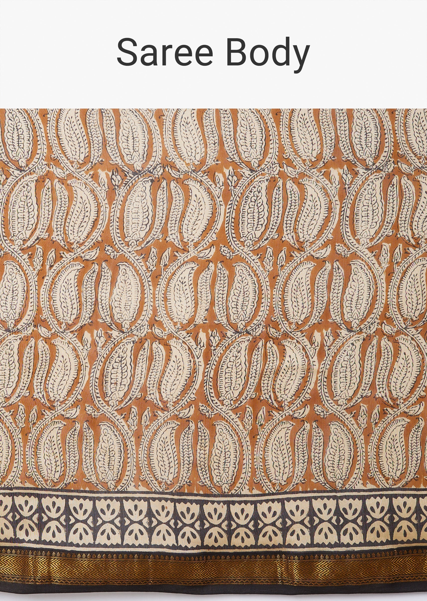 Brown Block Printed Motif Saree with Unstitched Blouse