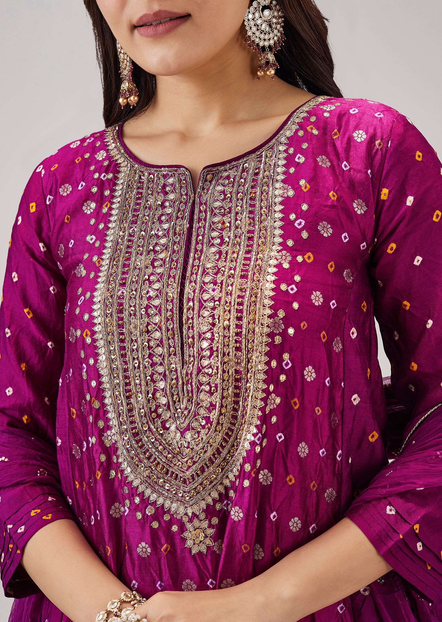 Magenta Bandhani Banarasi Dhoti Set With Gotta Work