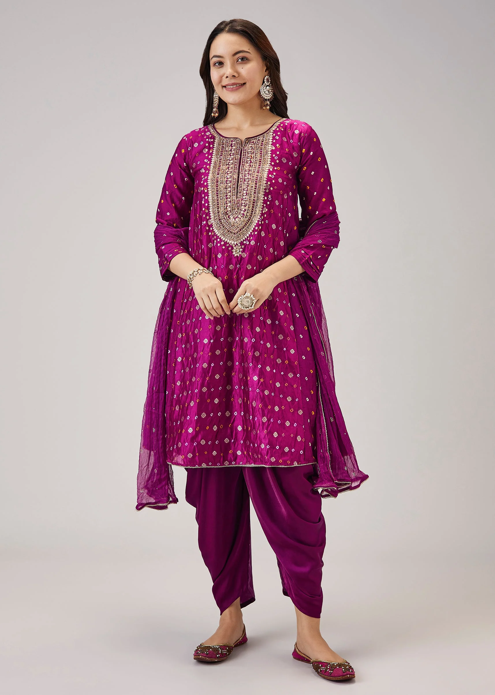 Magenta Bandhani Banarasi Dhoti Set With Gotta Work