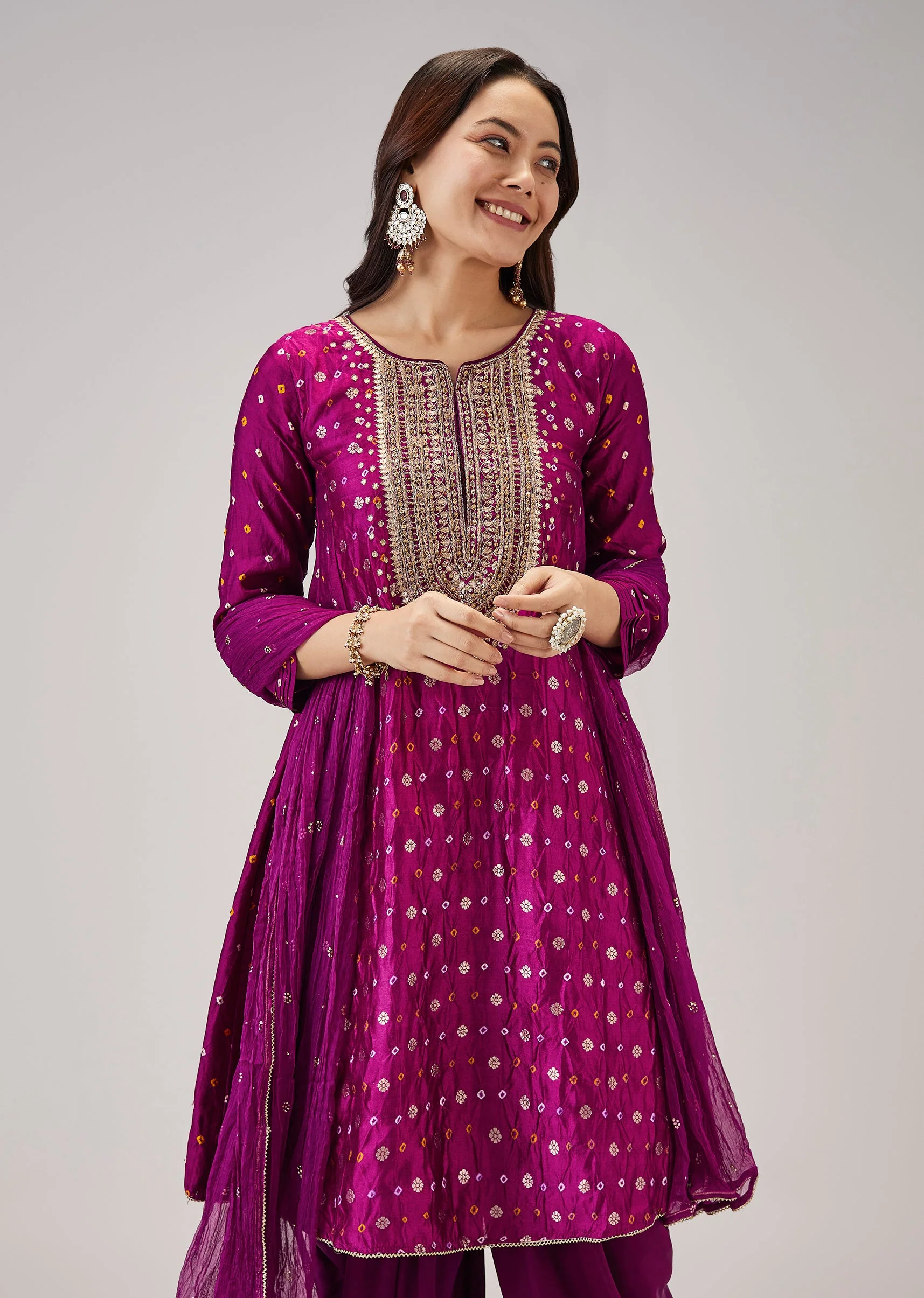Magenta Bandhani Banarasi Dhoti Set With Gotta Work