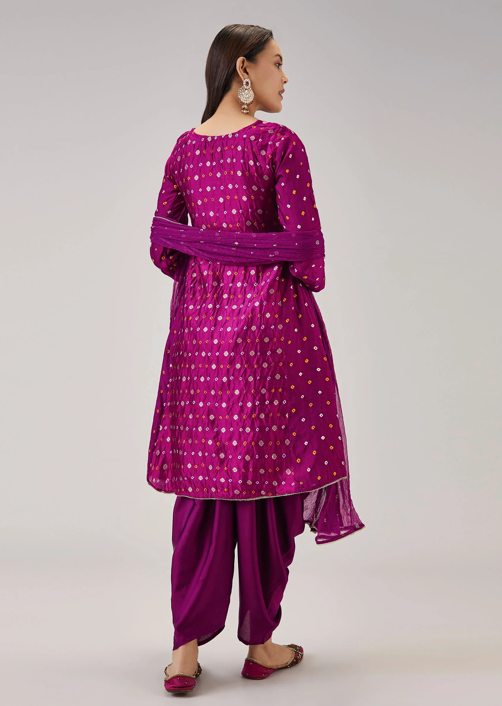 Magenta Bandhani Banarasi Dhoti Set With Gotta Work