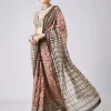 Brown Block Print Tassel Saree with Unstitched Blouse