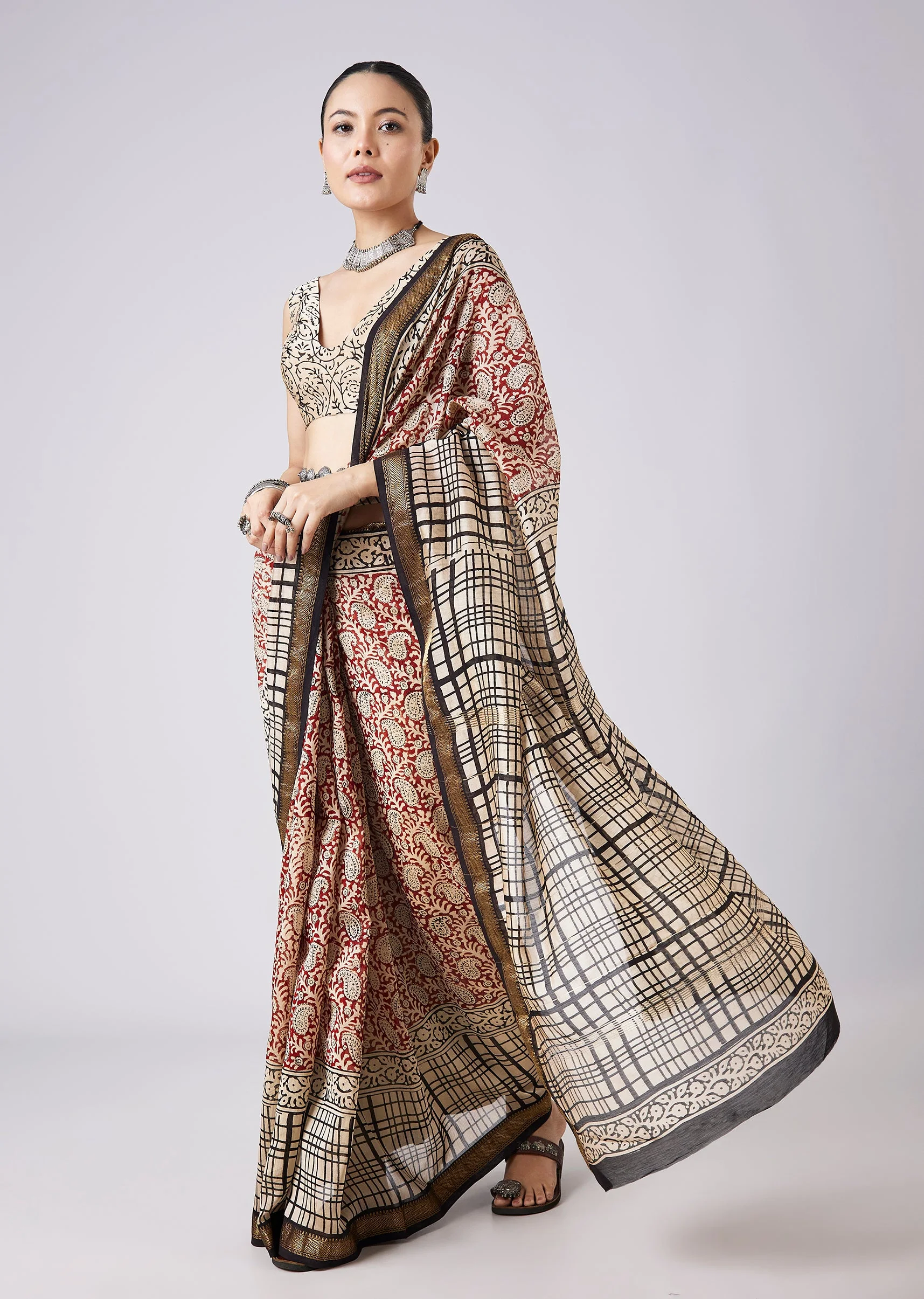 8014-brown-block-print-tassel-saree-with-unstitched-blouse-1.webp Brown Block Print Tassel Saree with Unstitched Blouse