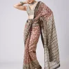 Brown Block Print Tassel Saree with Unstitched Blouse
