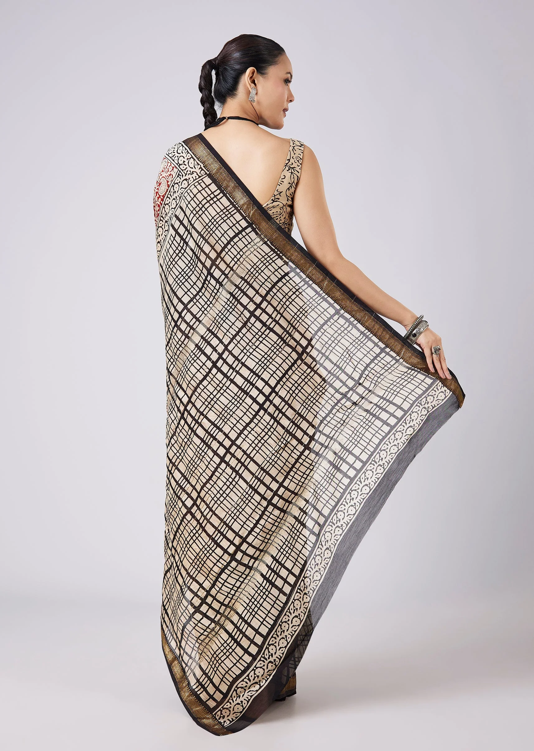 Brown Block Print Tassel Saree with Unstitched Blouse