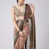 Brown Block Print Tassel Saree with Unstitched Blouse