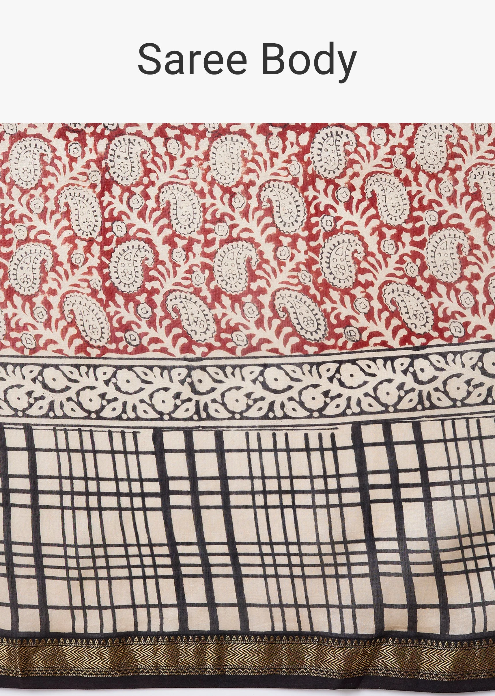 Brown Block Print Tassel Saree with Unstitched Blouse