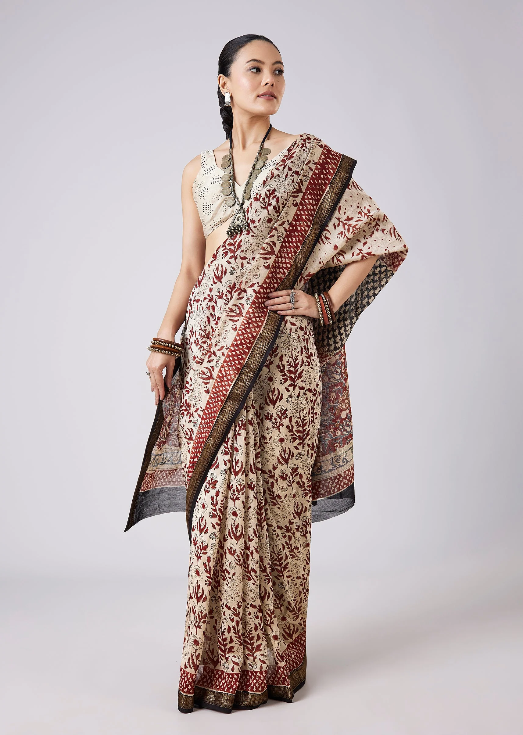 8030-cream-block-print-saree-with-unstitched-blouse-1.webp Cream Block Print Saree with Unstitched Blouse