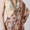 Cream Block Print Saree with Unstitched Blouse