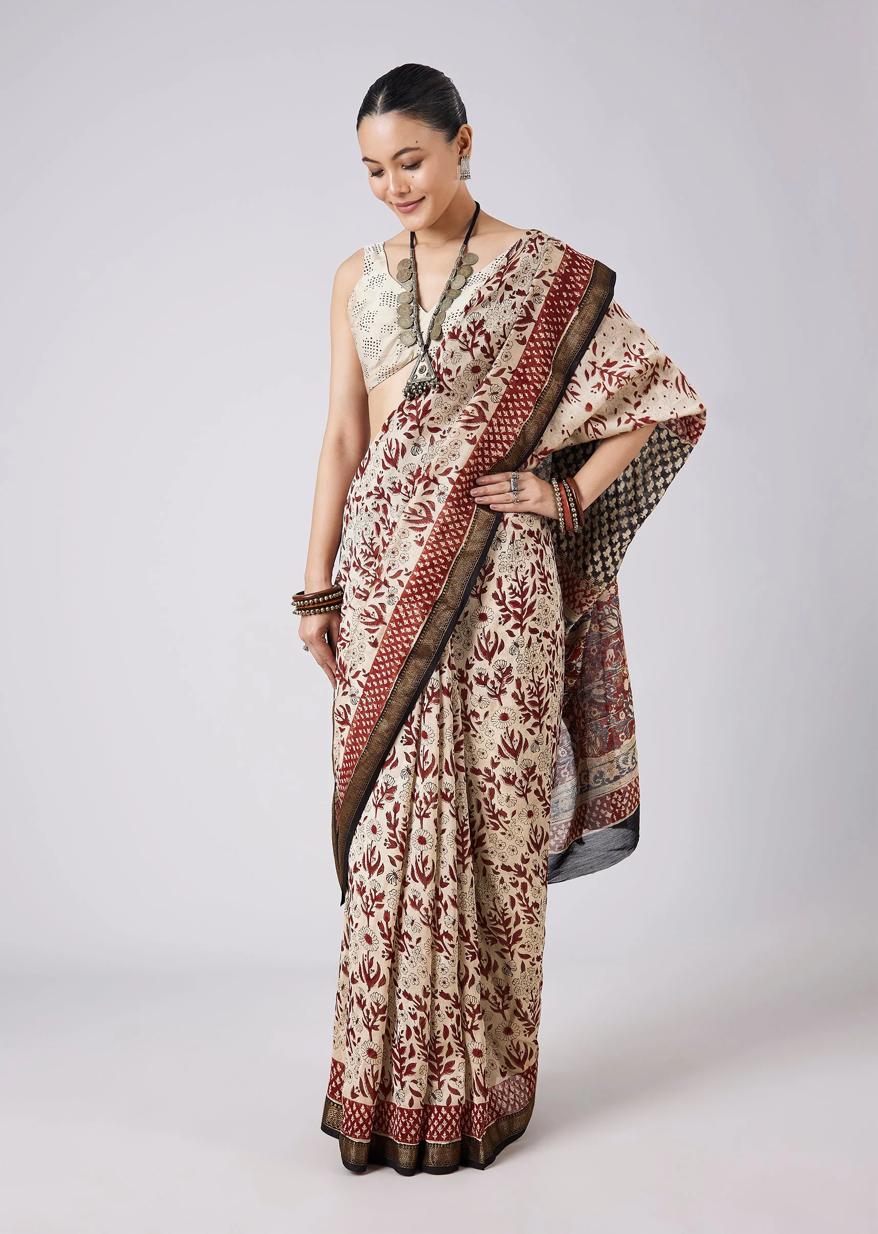 Cream Block Print Saree with Unstitched Blouse