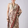 Cream Block Print Saree with Unstitched Blouse