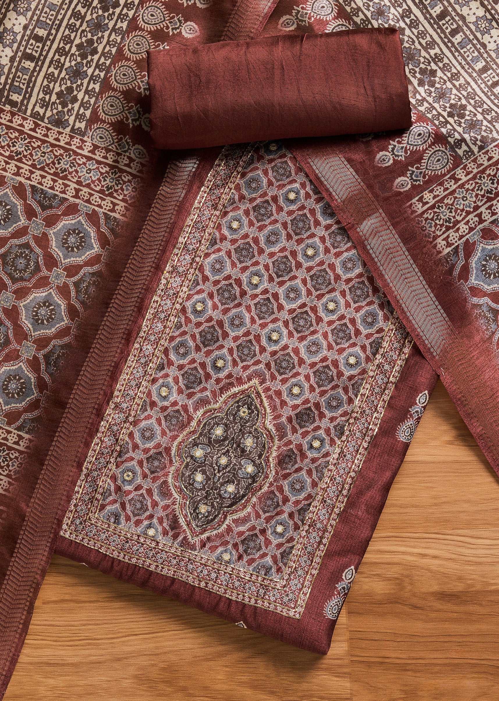 Simple Maroon Cotton Unstitched Suit