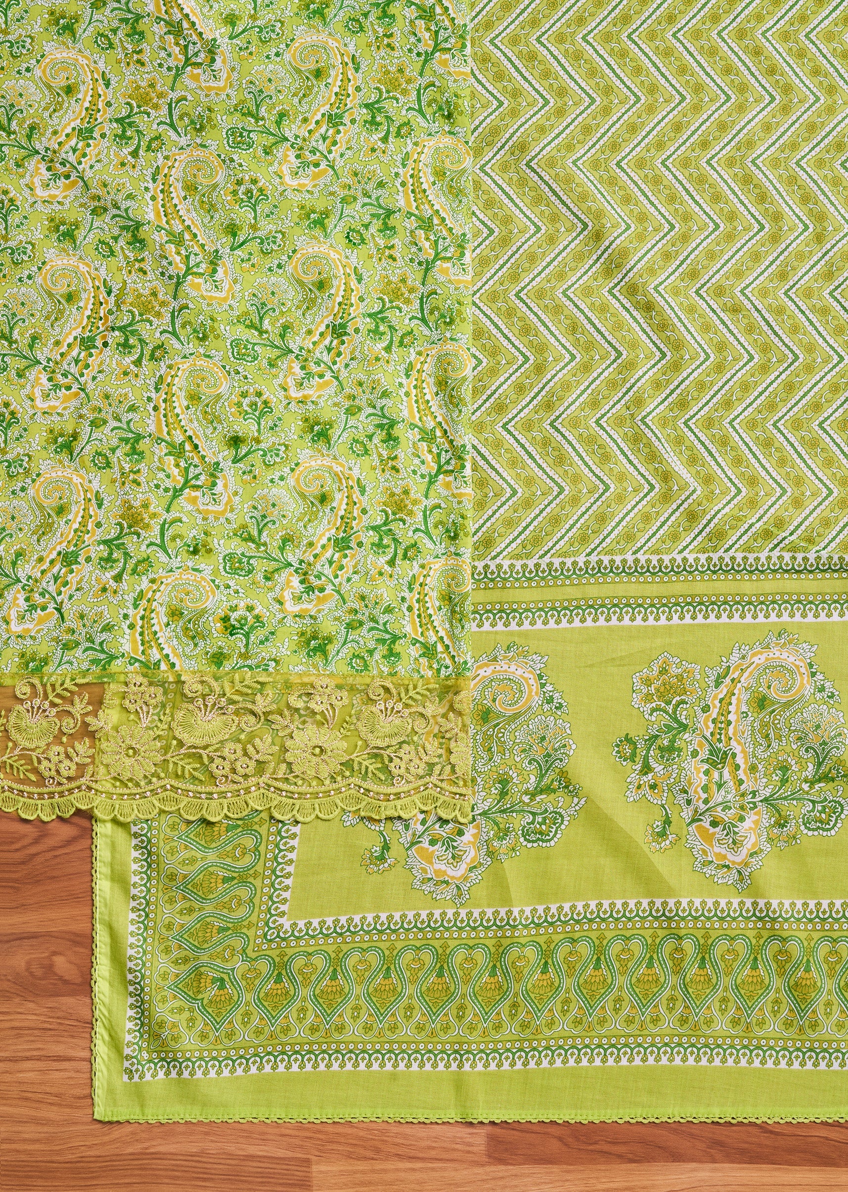 Parrot Green Cotton Floral Printed Unstitched Suit Set