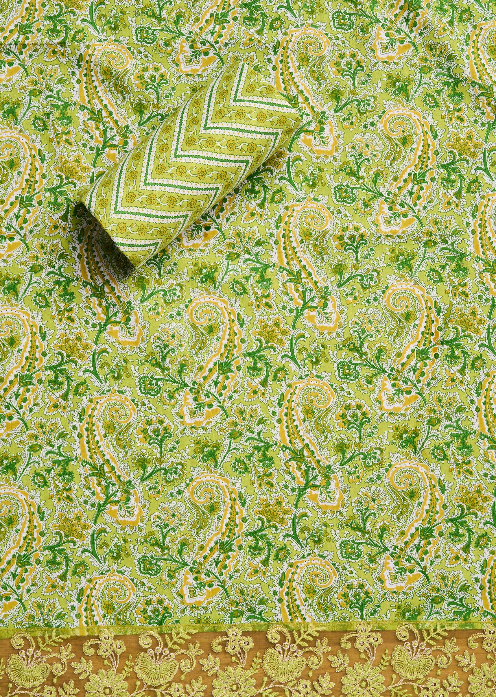 Parrot Green Cotton Floral Printed Unstitched Suit Set