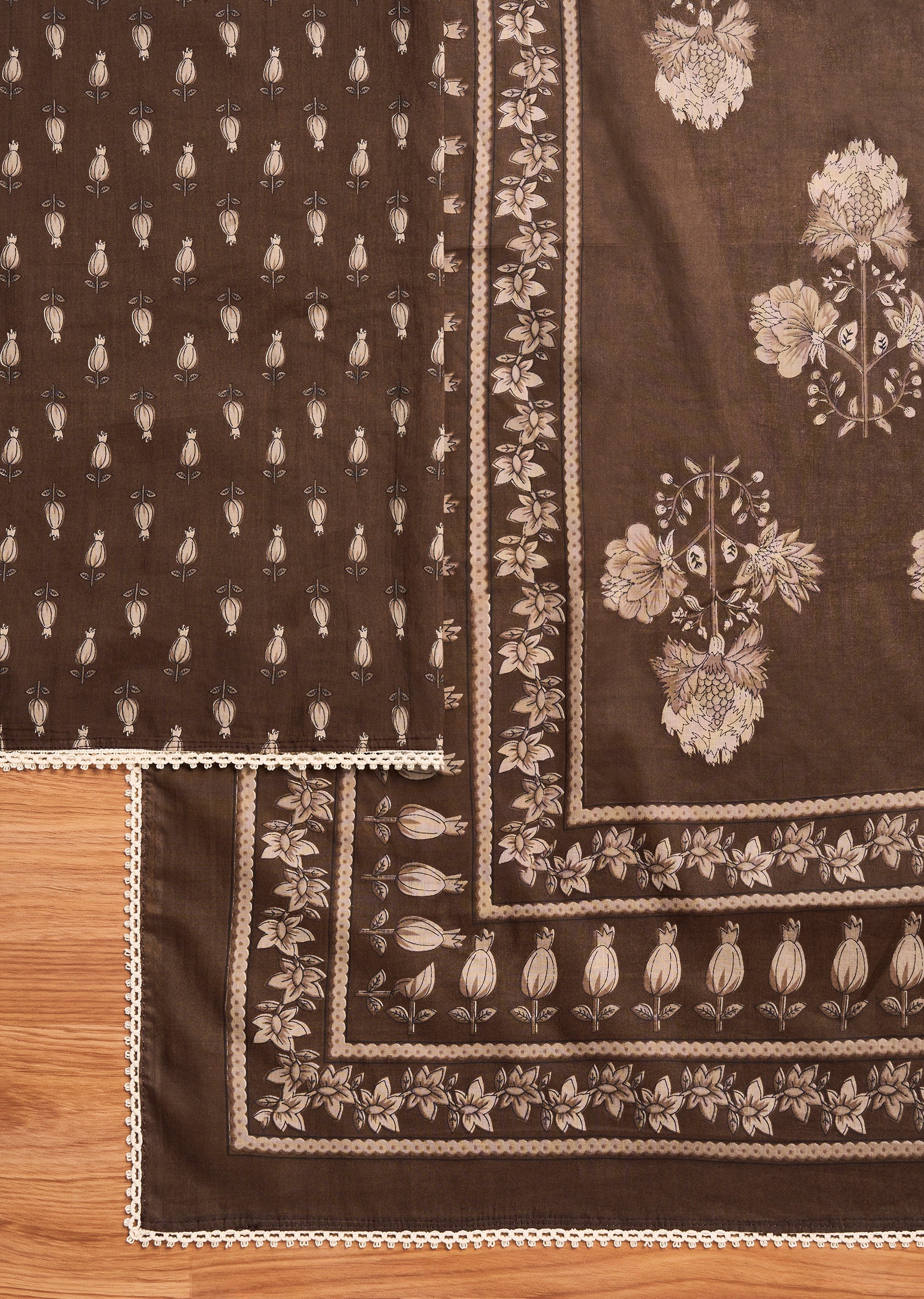 Brown Cotton Printed Unstitched Suit Set With Dupatta