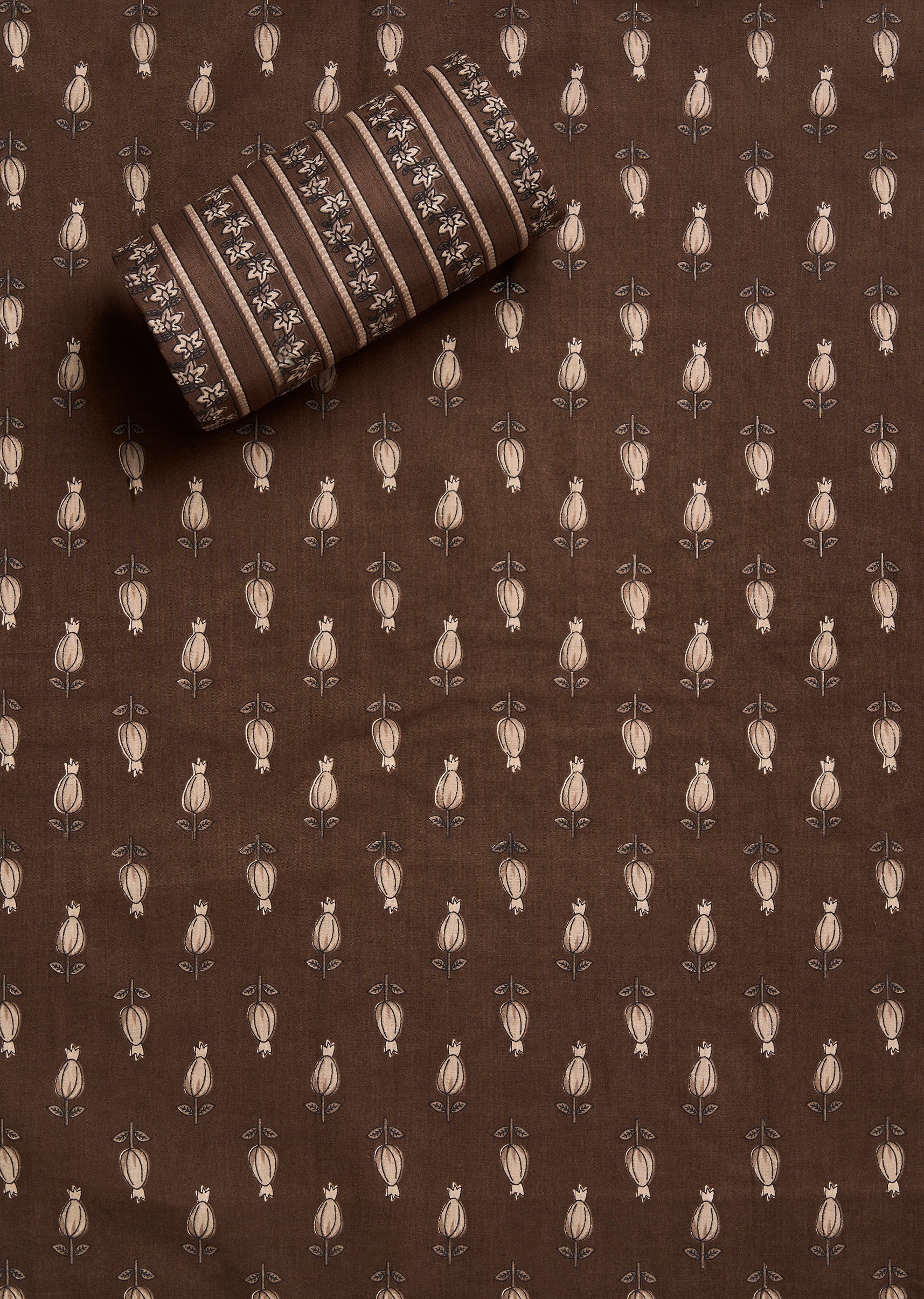 Brown Cotton Printed Unstitched Suit Set With Dupatta