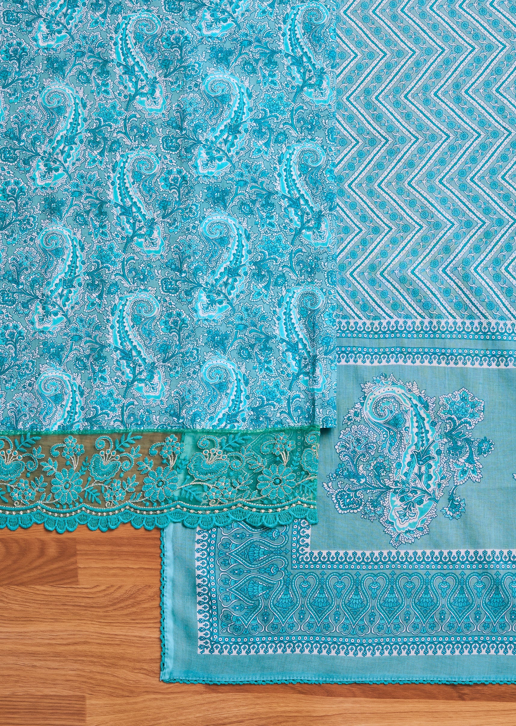 Aqua Blue Cotton Printed Unstitched Suit Set