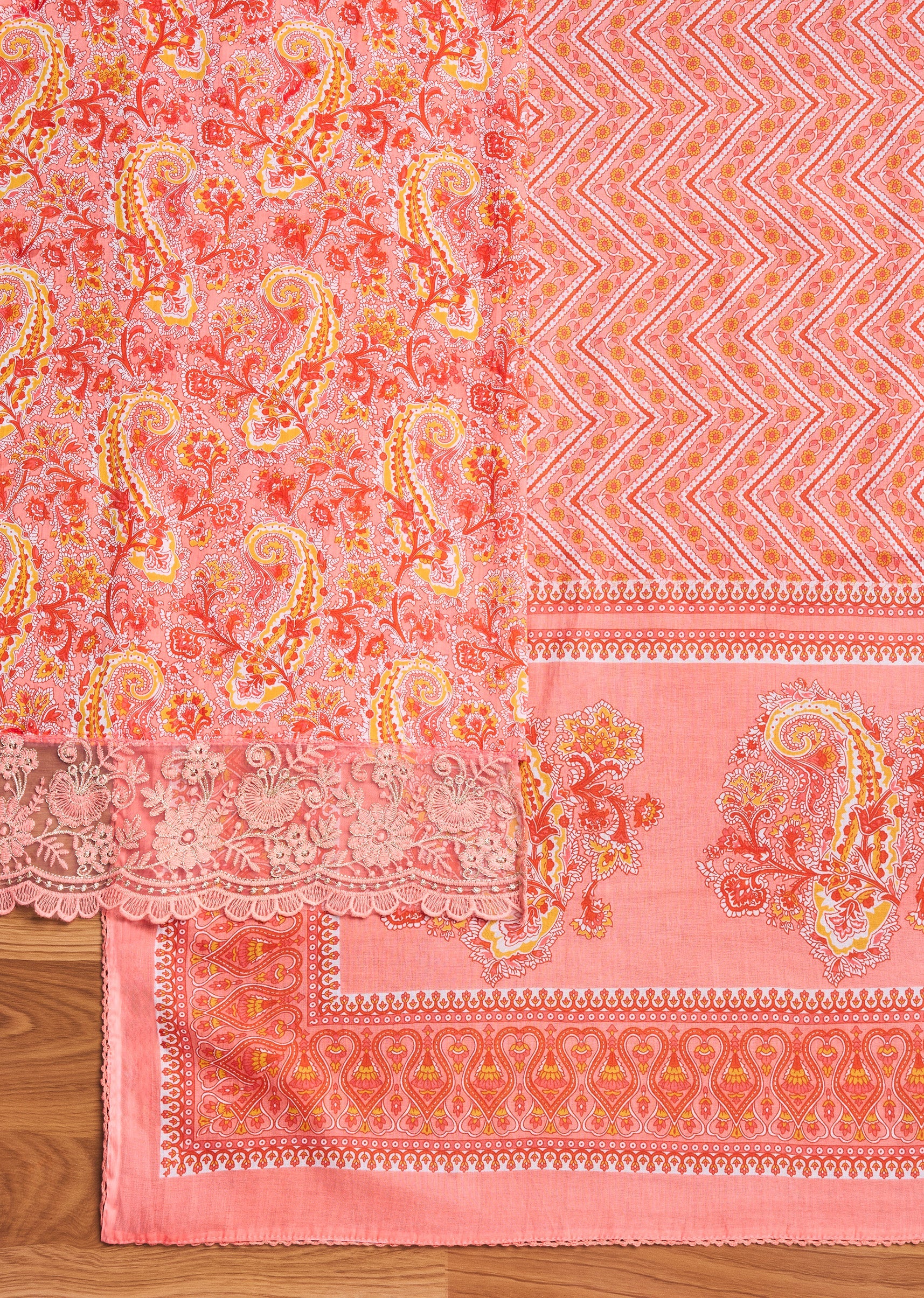 Peach Cotton Printed Unstitched Suit Set