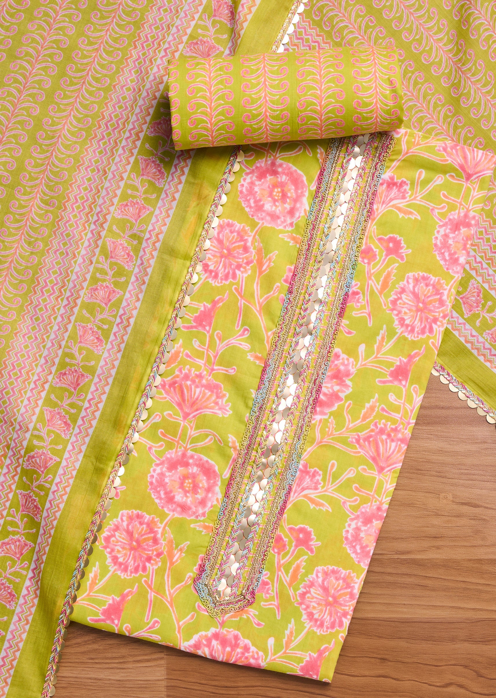 Parrot Green Cotton Printed Unstitched Suit Set