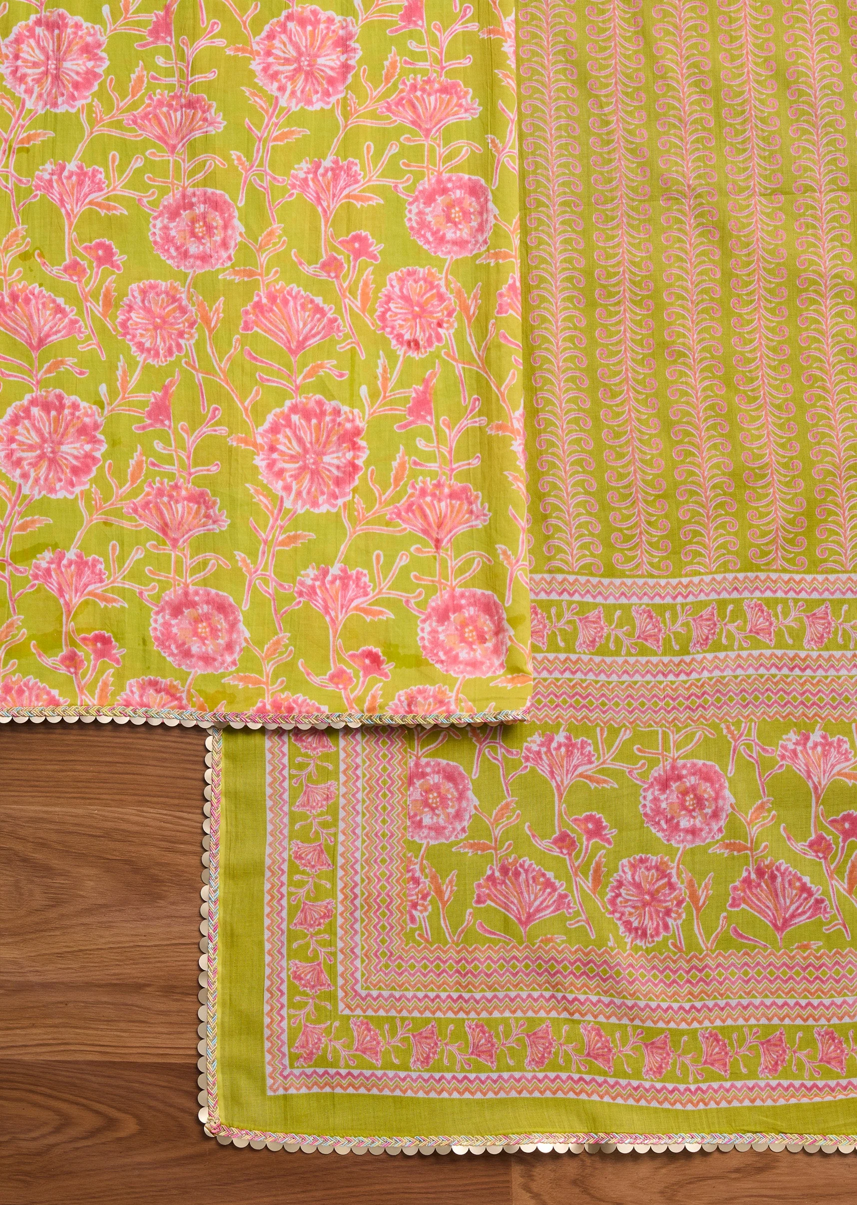 Parrot Green Cotton Printed Unstitched Suit Set