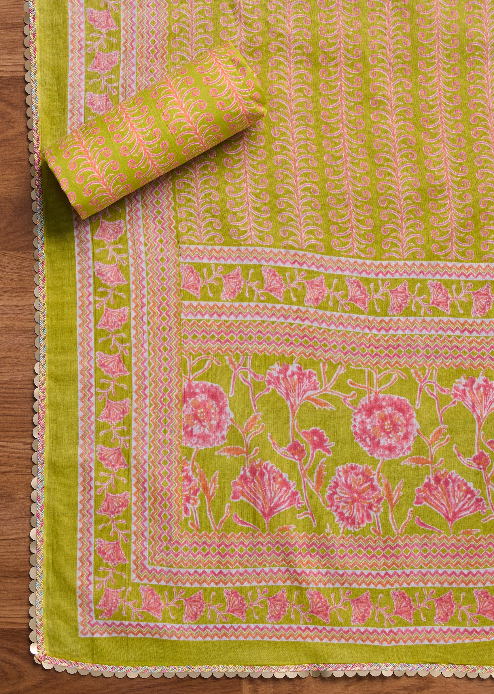 Parrot Green Cotton Printed Unstitched Suit Set
