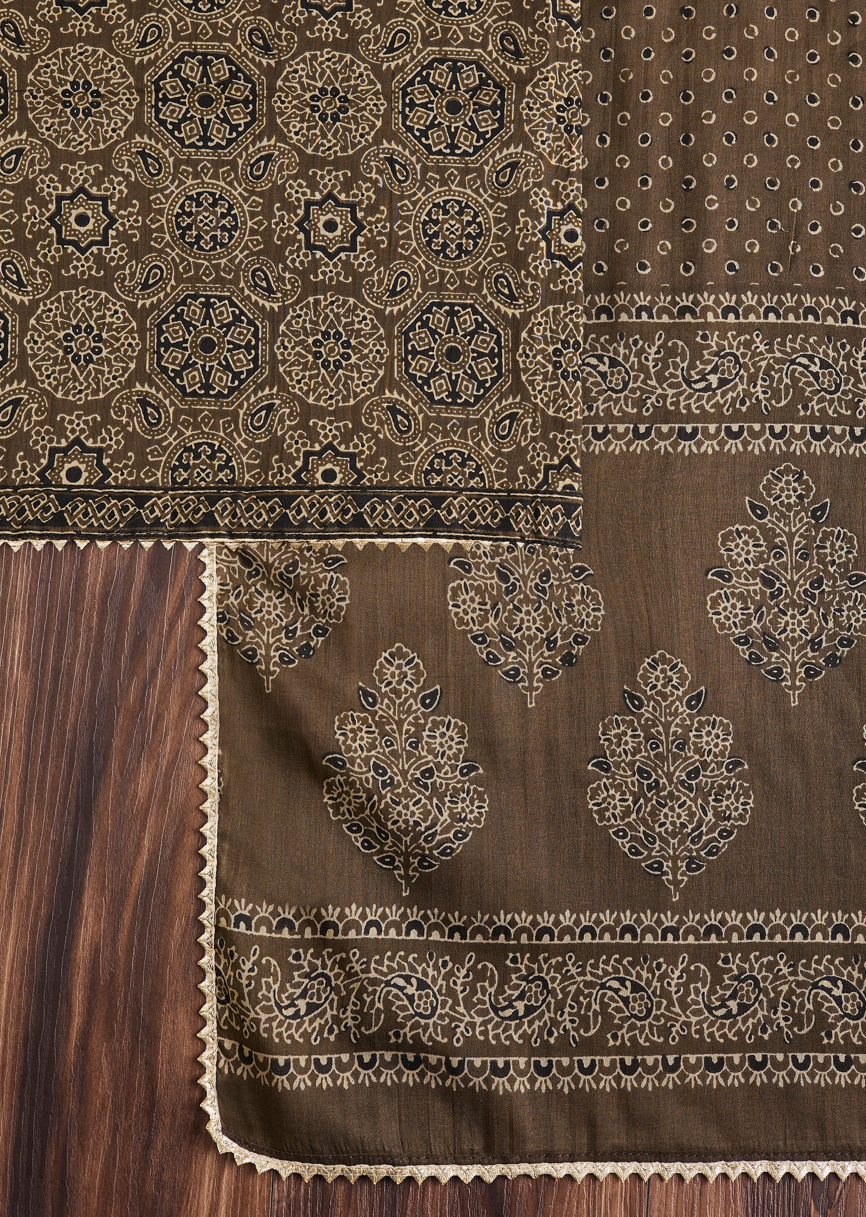 Earthy Brown Cotton Block Printed Unstitched Suit Set