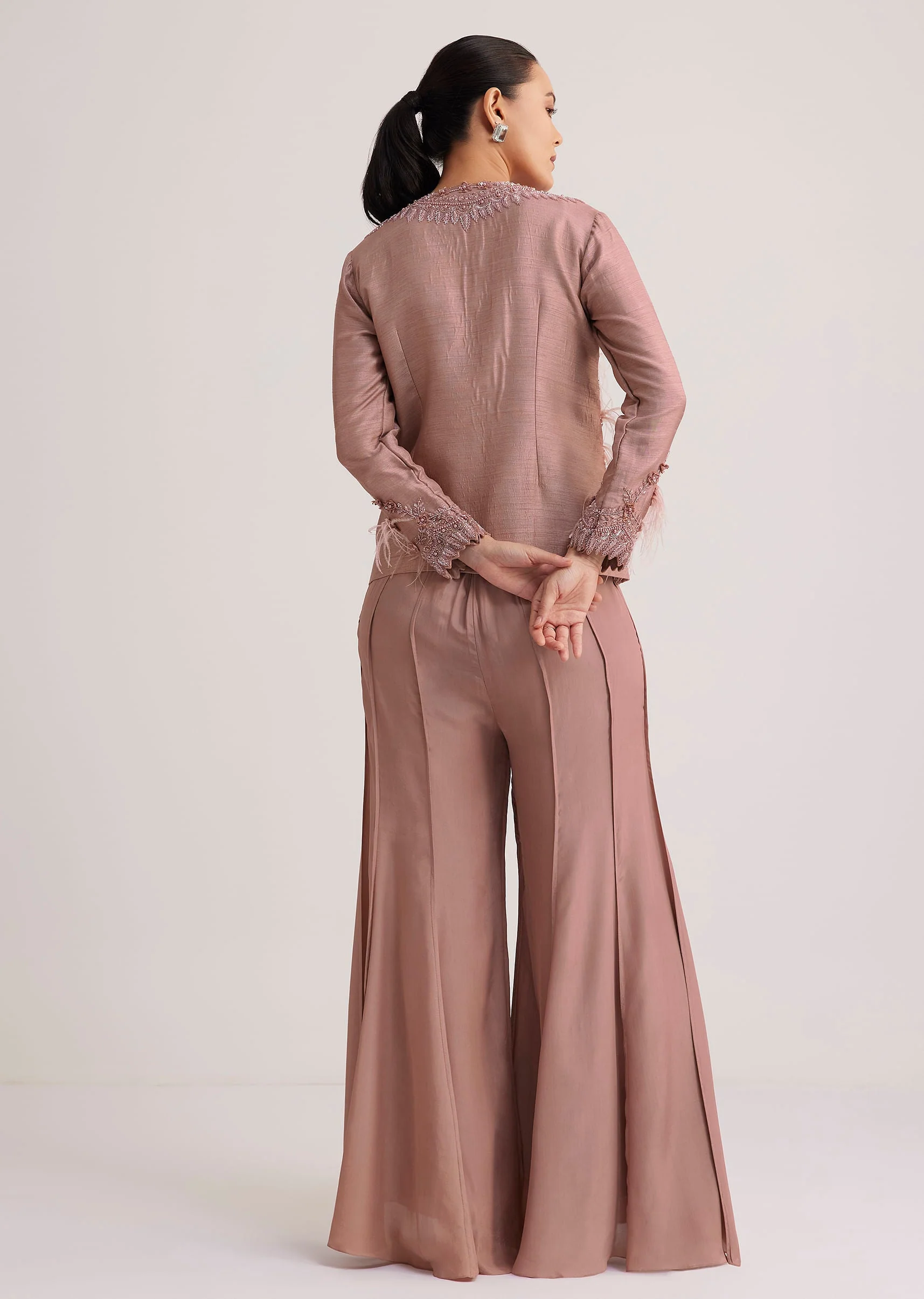 Mauve Satin Palazzo Set With Embellished Jacket