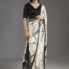 Black Printed Crepe Saree With Satin Blouse