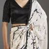 Black Printed Crepe Saree With Satin Blouse