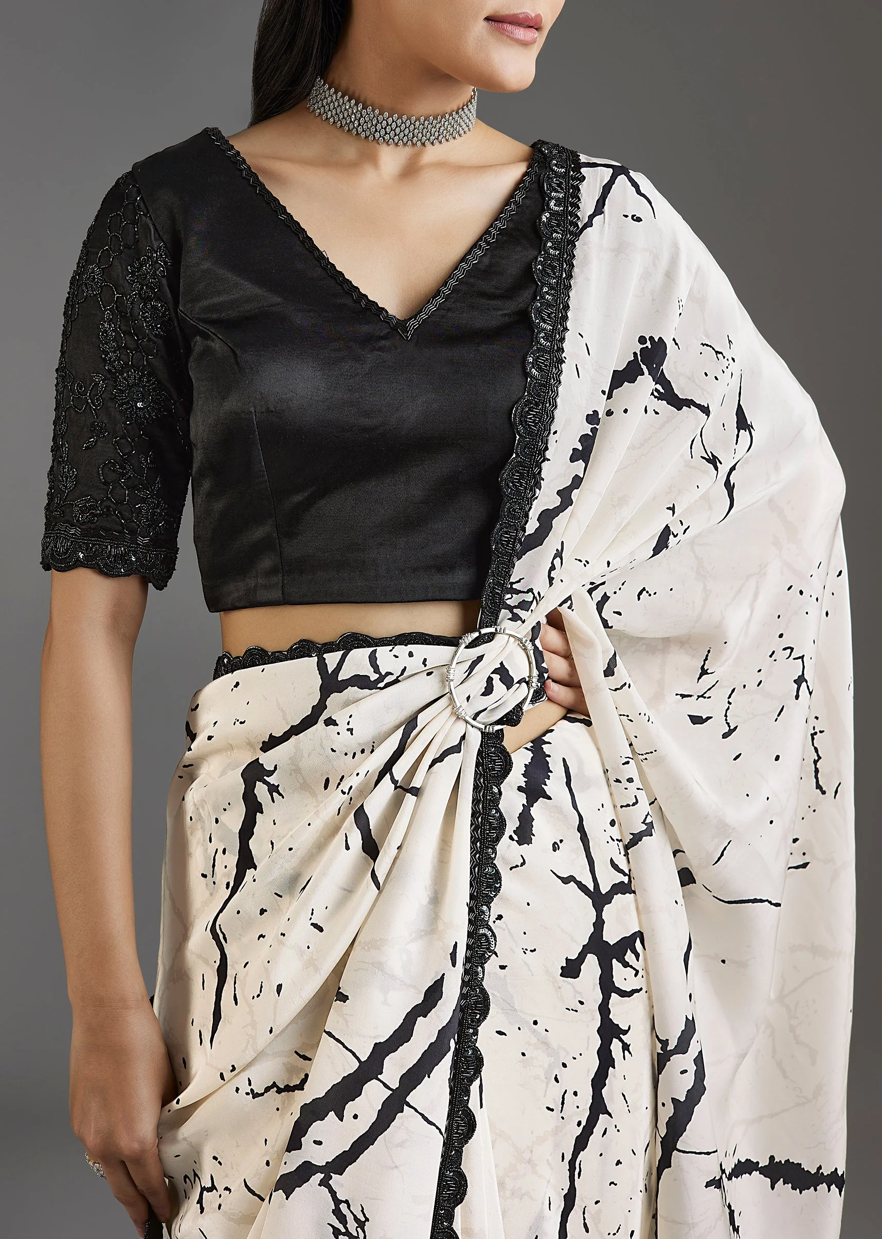 Black Printed Crepe Saree With Satin Blouse
