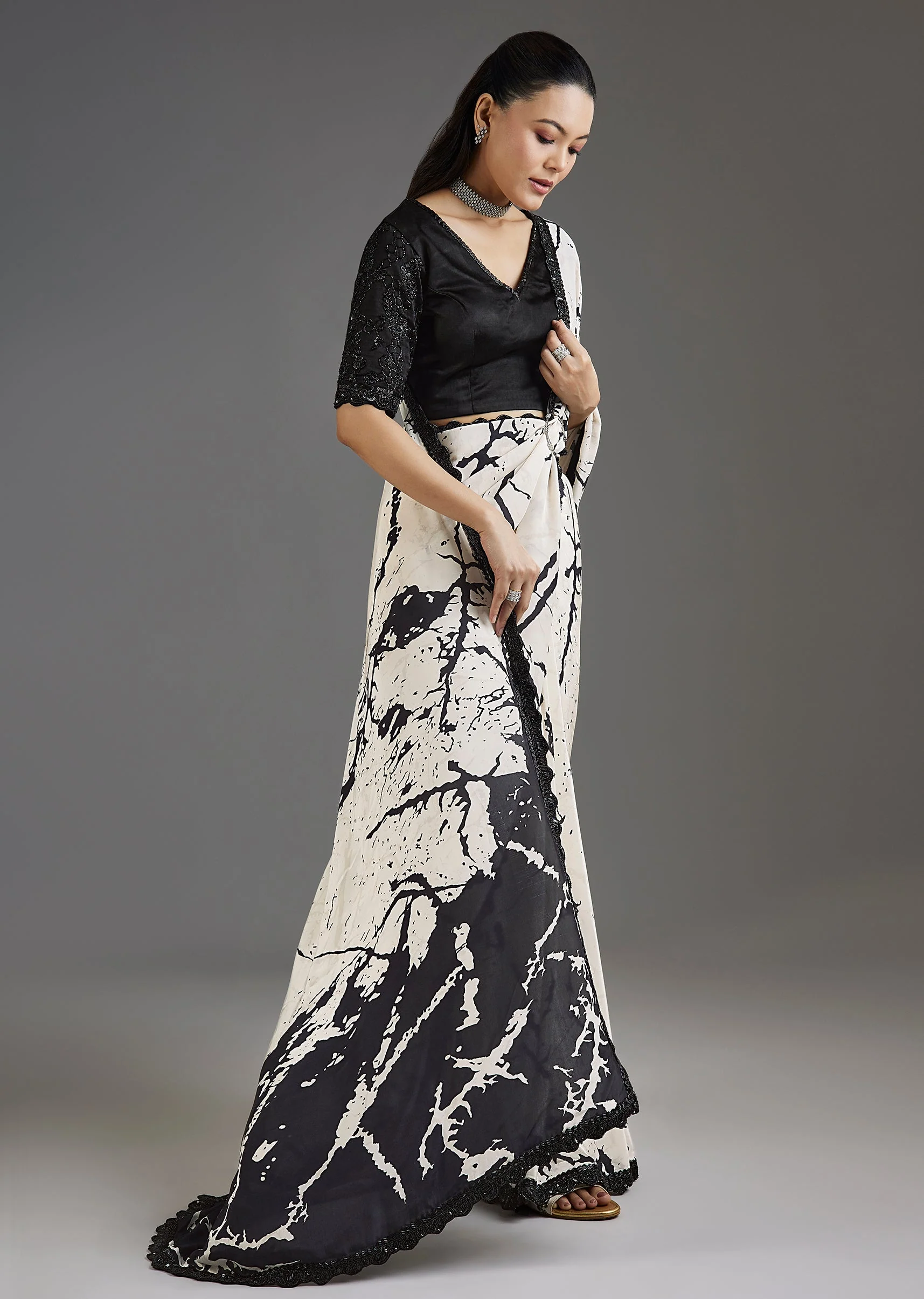 Black Printed Crepe Saree With Satin Blouse