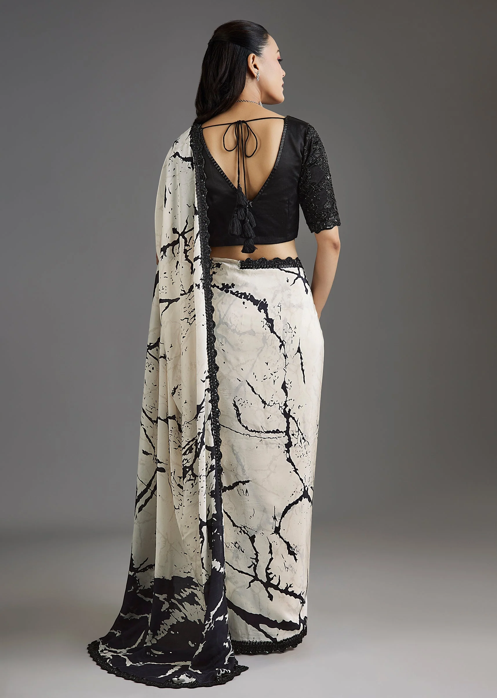 Black Printed Crepe Saree With Satin Blouse