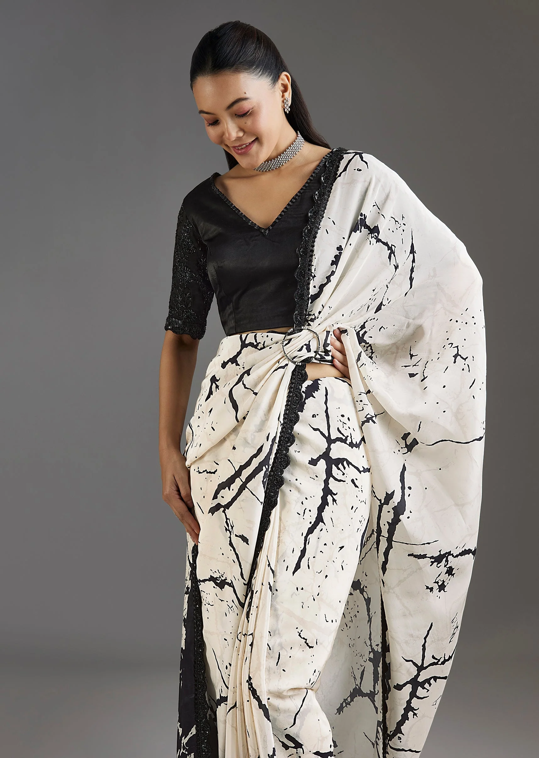 Black Printed Crepe Saree With Satin Blouse
