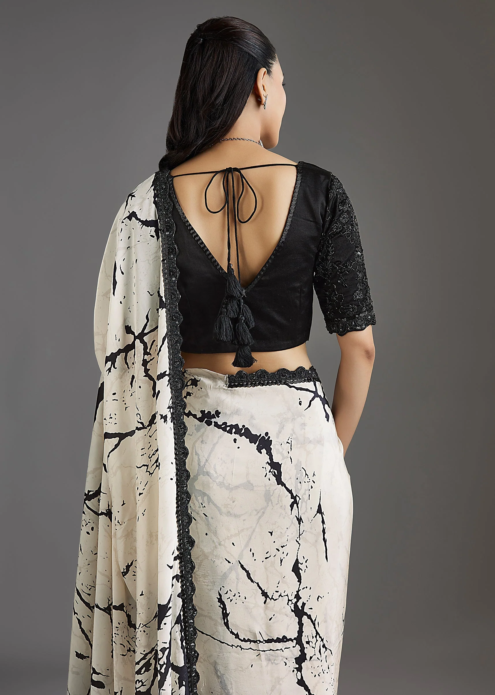 Black Printed Crepe Saree With Satin Blouse