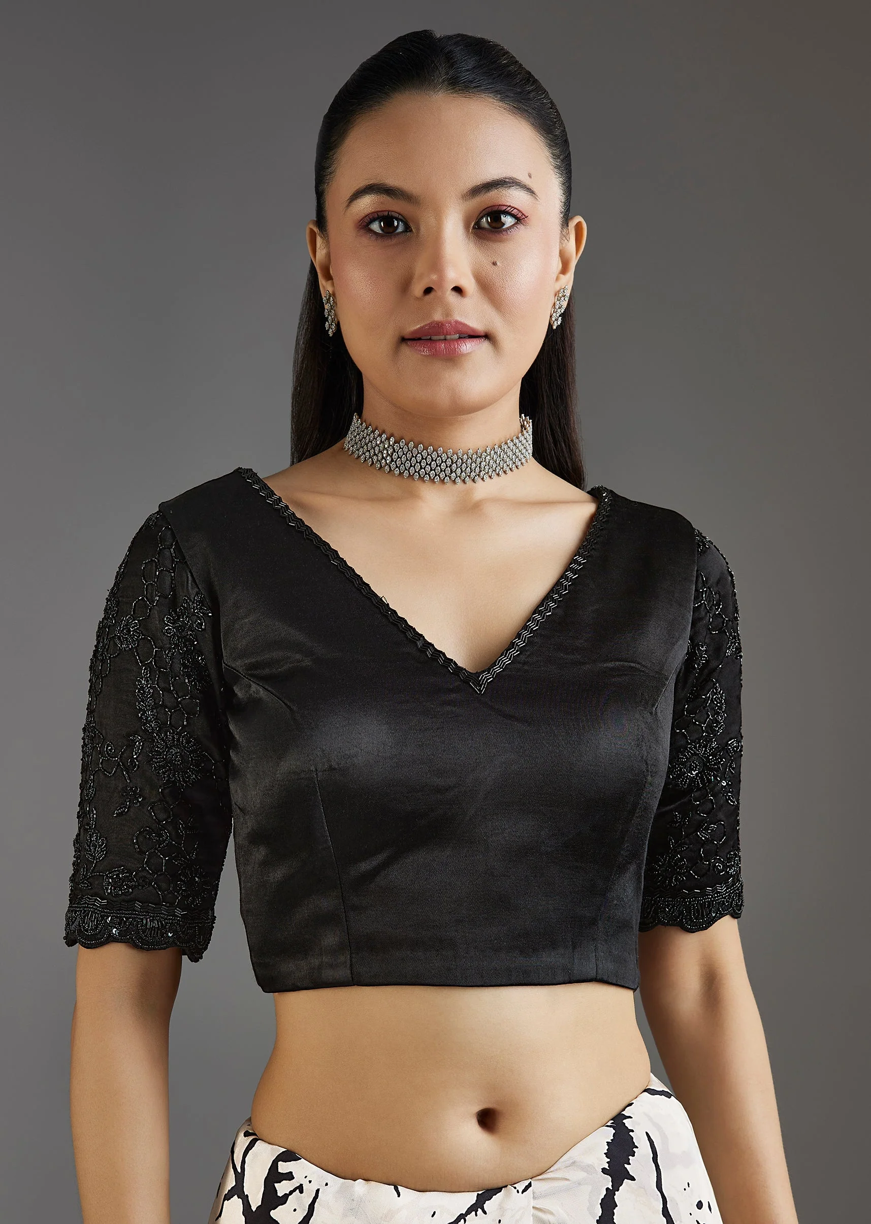 Black Printed Crepe Saree With Satin Blouse