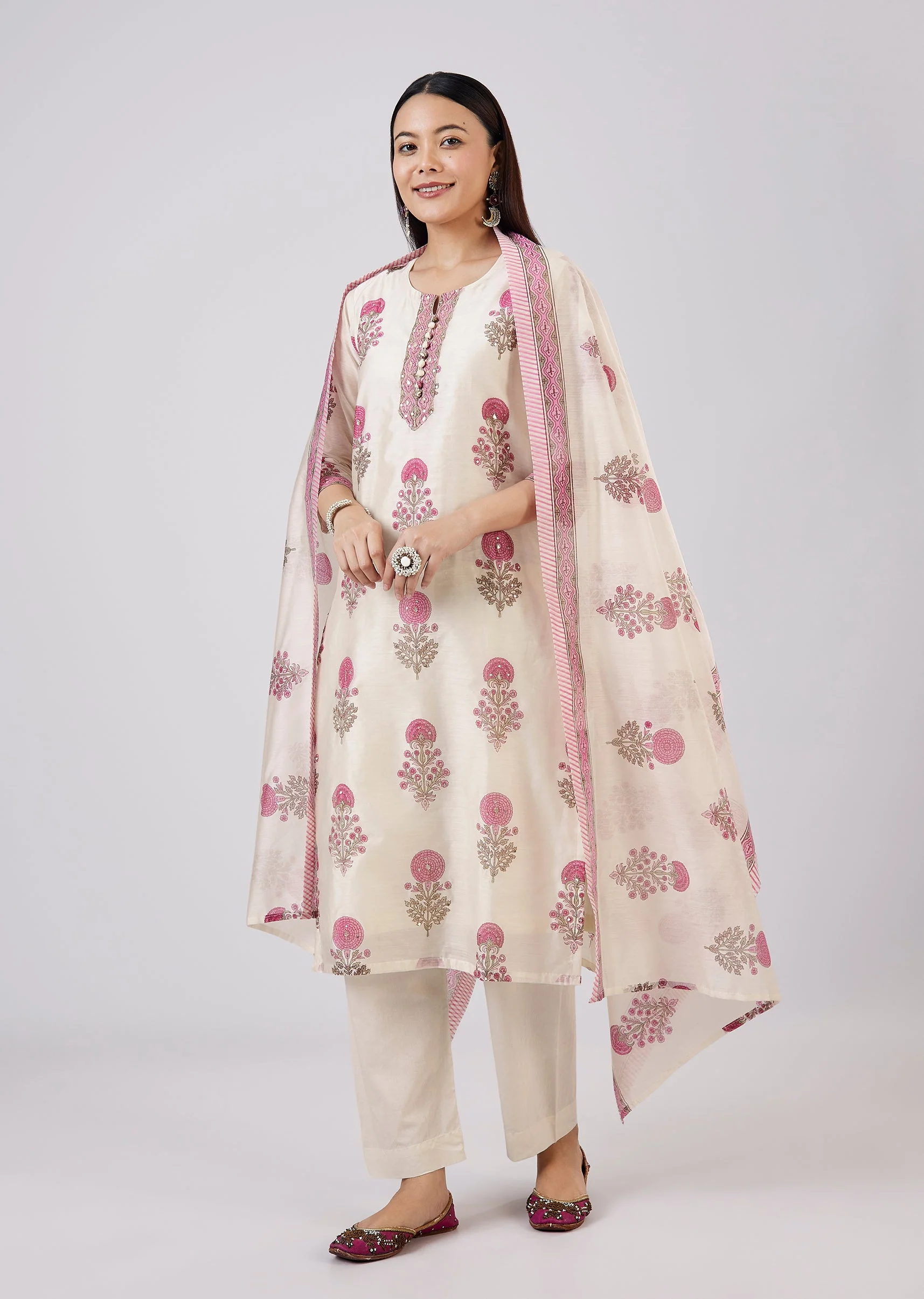 Pink Hand Block Printed Chanderi Kurta Set