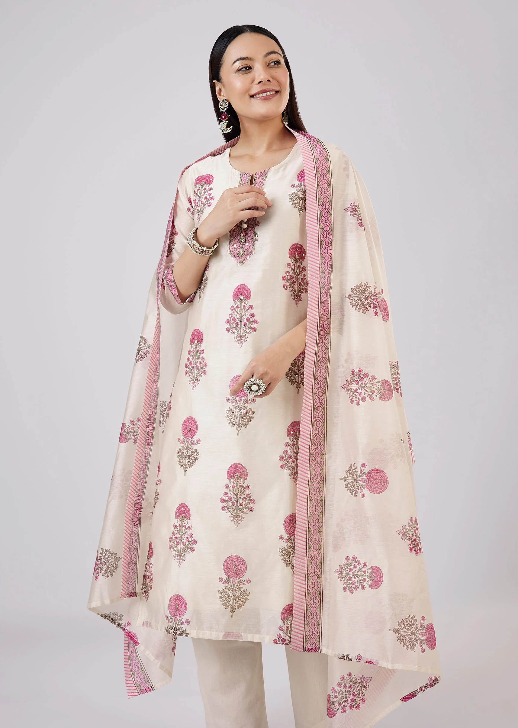 Pink Hand Block Printed Chanderi Kurta Set
